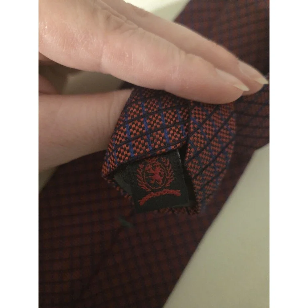 Tommy Hilfiger Silk Tie Vintage Red Navy Micro Grid Gold Crest Embroidery 58